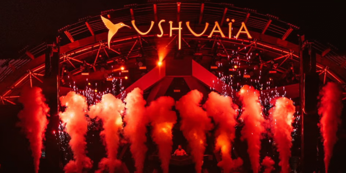 Ushuaïa Ibiza club crowd and stage view during sunset party