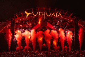 Ushuaïa Ibiza club crowd and stage view during sunset party