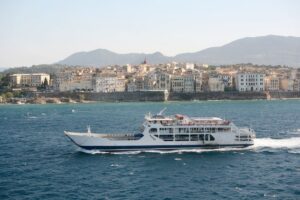 Passenger ferry departing Ibiza Town toward Formentera