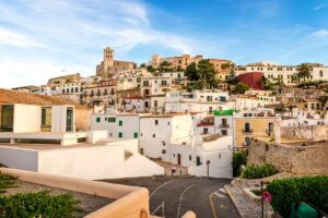  Cobbled street and old stone walls of Dalt Vila in Ibiza Town