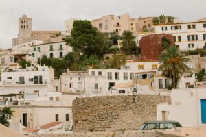 View of Dalt Vila from the marina in Ibiza Town at sunset