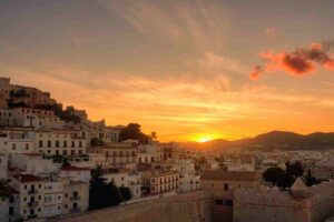 Romantic sunset behind the historic walls of Dalt Vila, Ibiza