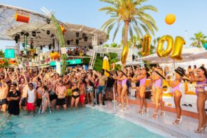 Lively pool party with DJs and floats at O Beach Ibiza in San Antonio