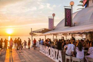 Golden sunset over Café Mambo on the Sant Antoni Sunset Strip