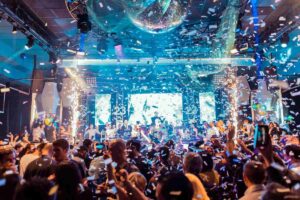 Nightlife at Hï Ibiza club with electronic music and light show