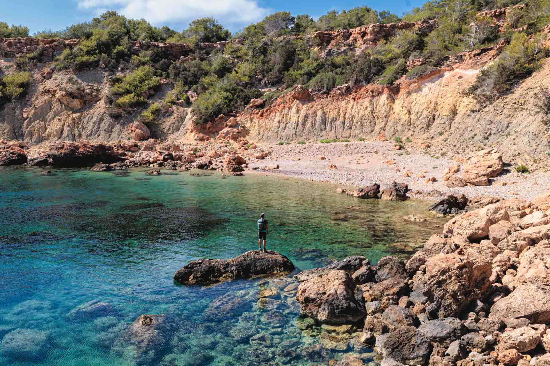 “Rocky cliffs and calm sea at Crystal Coves in Ibiza